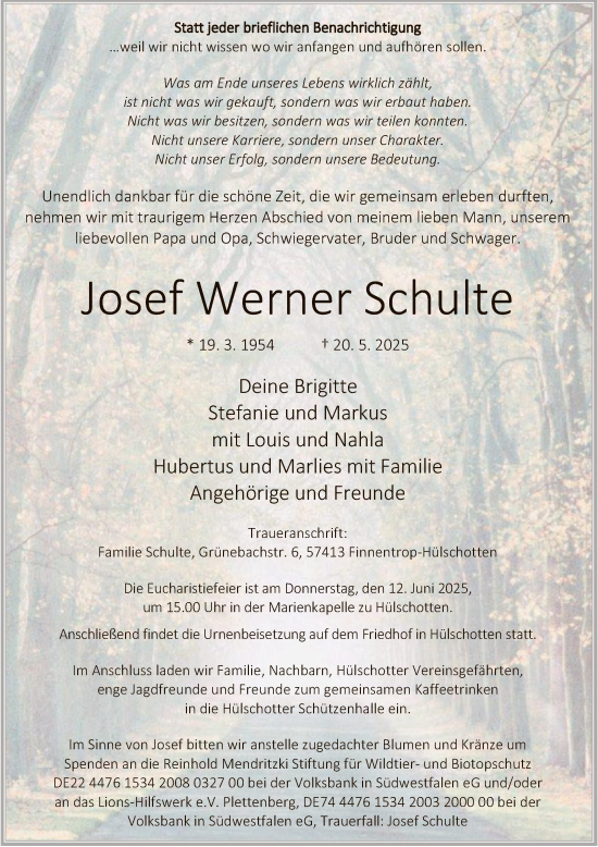 Todesanzeige von Josef Werner Schulte von HALNHASK