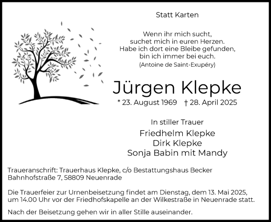 Todesanzeige von Jürgen Klepke von WA