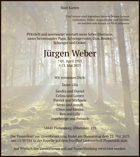 Todesanzeige von Jürgen Weber von WA