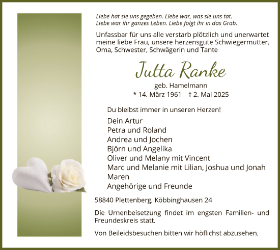 Todesanzeige von Jutta Ranke von WA