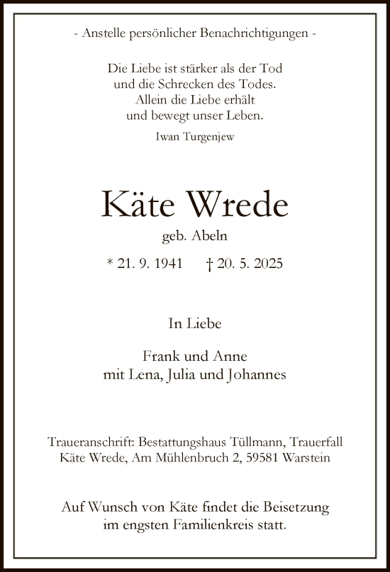 Todesanzeige von Käte Wrede von HASO