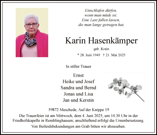 Todesanzeige von Karin Hasenkämper von HASK
