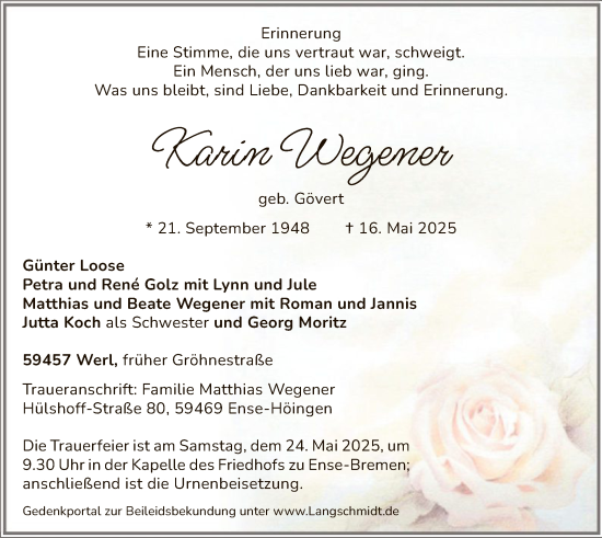 Todesanzeige von Karin Wegener von WA