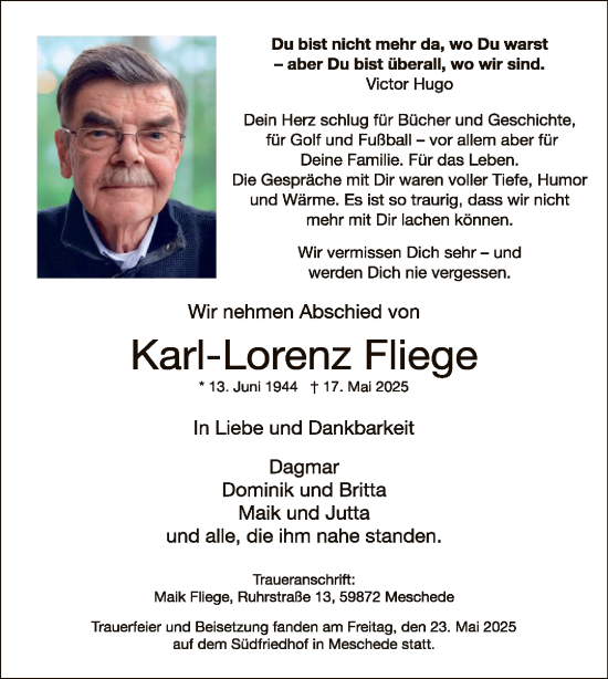 Todesanzeige von Karl-Lorenz Fliege von HASK