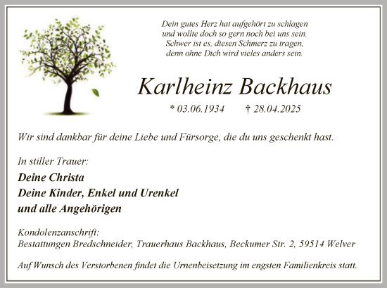Todesanzeige von Karlheinz Backhaus von WA