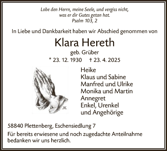 Todesanzeige von Klara Hereth von WA