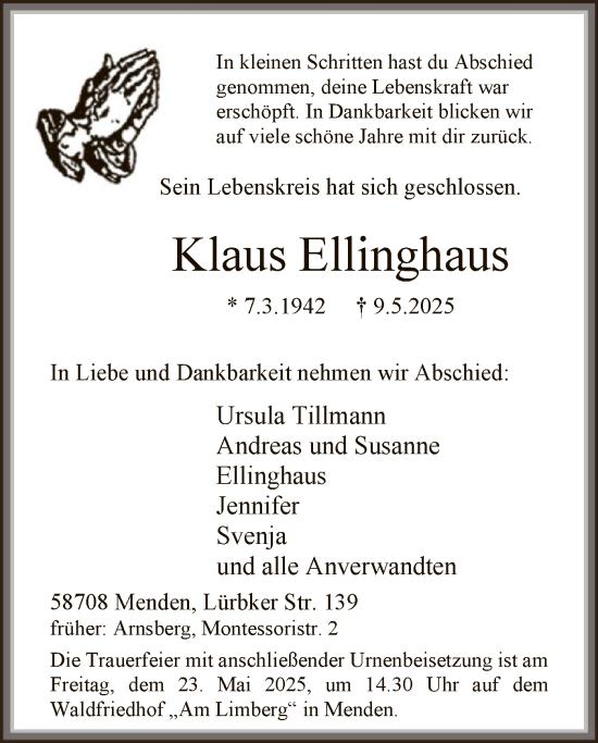 Todesanzeige von Klaus Ellinghaus von WA