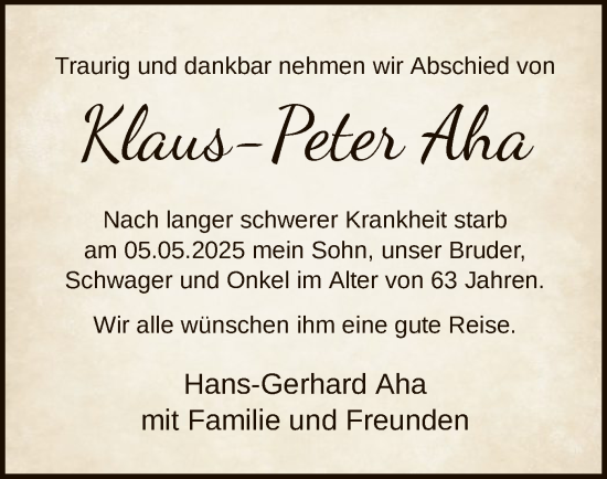 Todesanzeige von Klaus-Peter Aha von HASK
