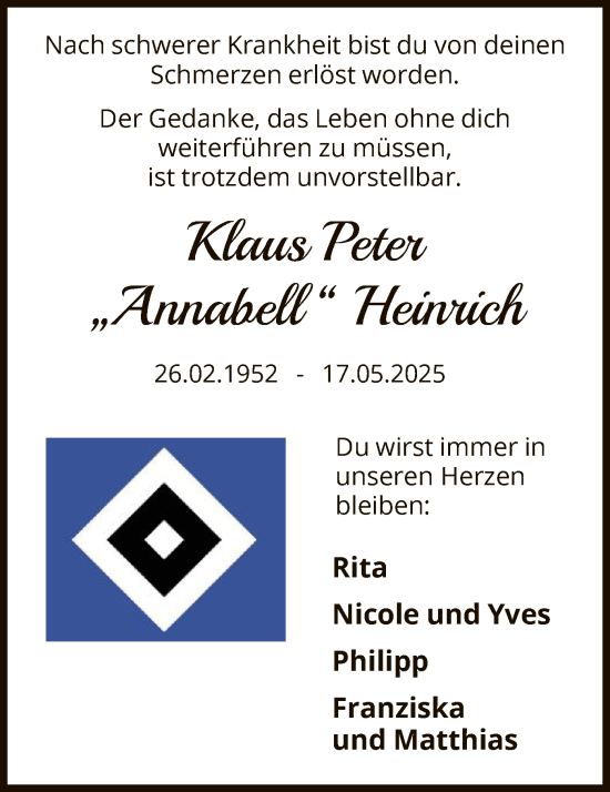 Todesanzeige von Klaus Peter Heinrich von HALN