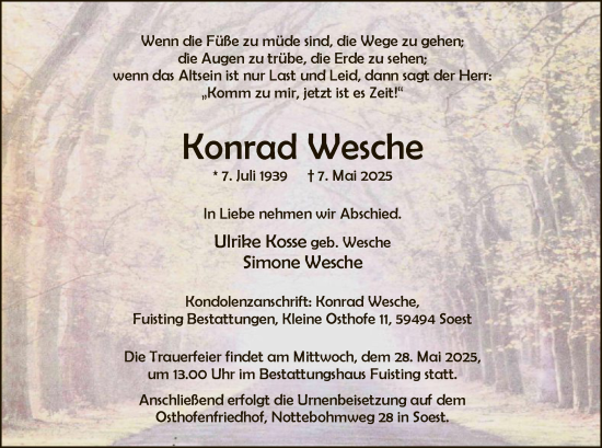 Todesanzeige von Konrad Wesche von WA