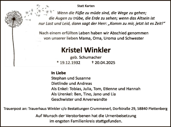 Todesanzeige von Kristel Winkler von WA