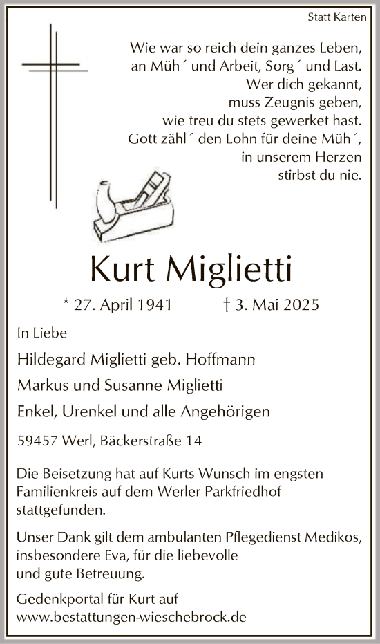 Todesanzeige von Kurt Miglietti von WA