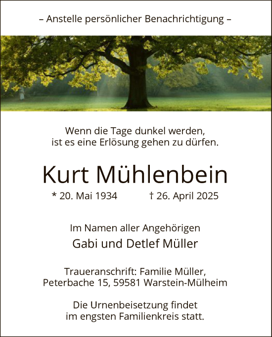 Todesanzeige von Kurt Mühlenbein von WA