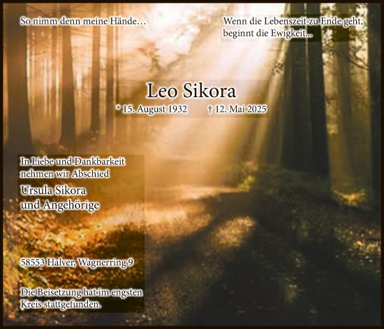 Todesanzeige von Leo Sikora von HALN