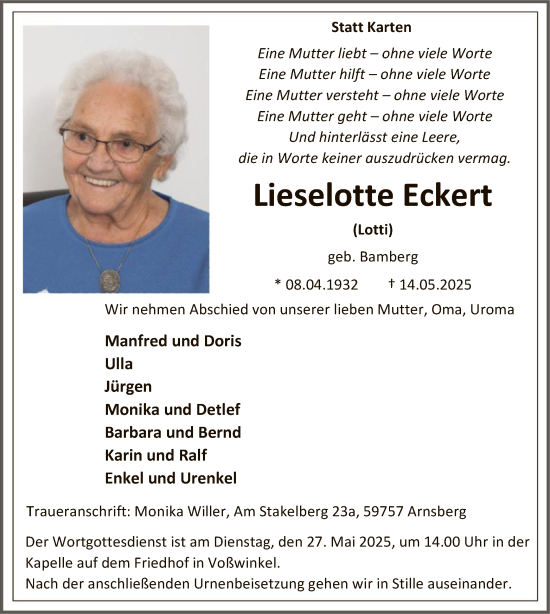 Todesanzeige von Lieselotte Eckert von HASK