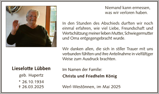 Todesanzeige von Lieselotte Lübben von WA