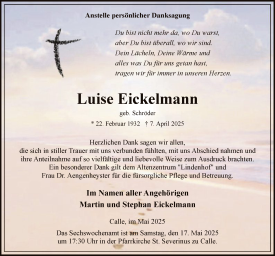 Todesanzeige von Luise Eickelmann von WA