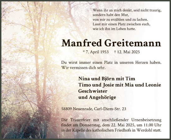 Todesanzeige von Manfred Greitemann von WA