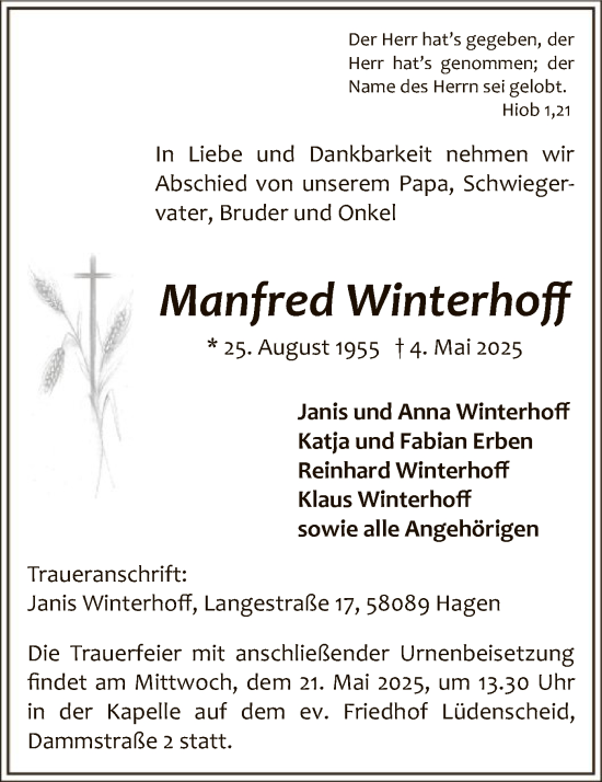Todesanzeige von Manfred Winterhoff von WA