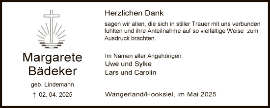 Todesanzeige von Margarete Bädeker von WA