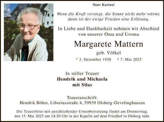 Todesanzeige von Margarete Mattern von WA