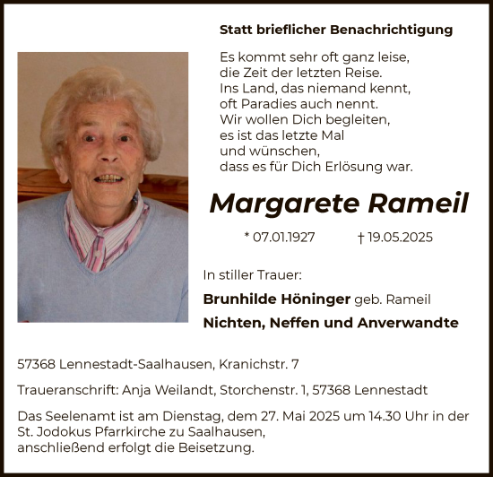 Todesanzeige von Margarete Rameil von HASK