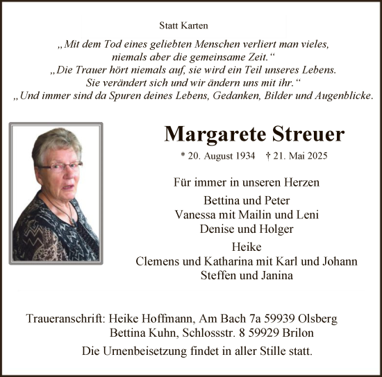 Todesanzeige von Margarete Streuer von HASK
