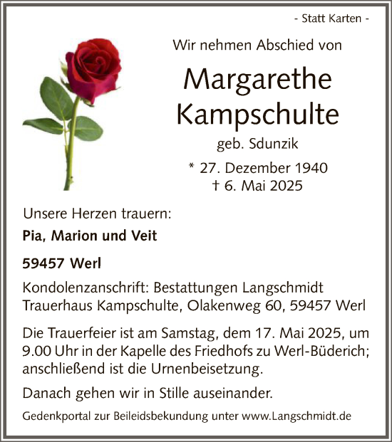Todesanzeige von Margarethe Kampschulte von WA