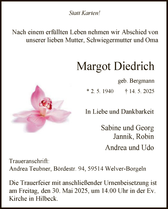 Todesanzeige von Margot Diedrich von WAWA