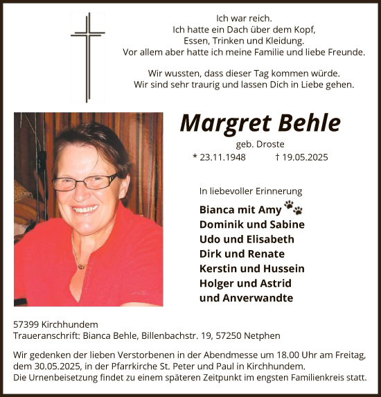 Todesanzeige von Margret Behle von HASK