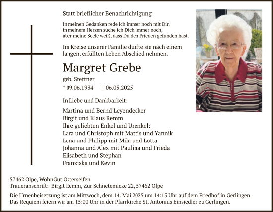 Todesanzeige von Margret Grebe von WA