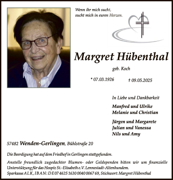 Todesanzeige von Margret Hübenthal von WA