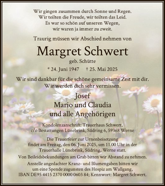 Todesanzeige von Margret Schwert von HAWA