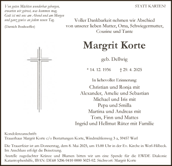 Todesanzeige von Margrit Korte von WAWA