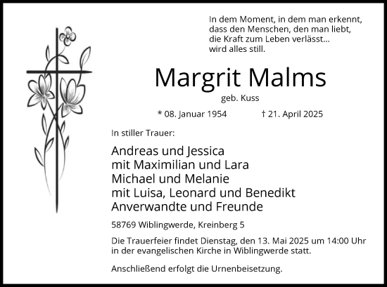Todesanzeige von Margrit Malms von WA