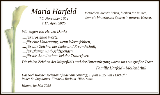 Todesanzeige von Maria Harfeld von HAWA