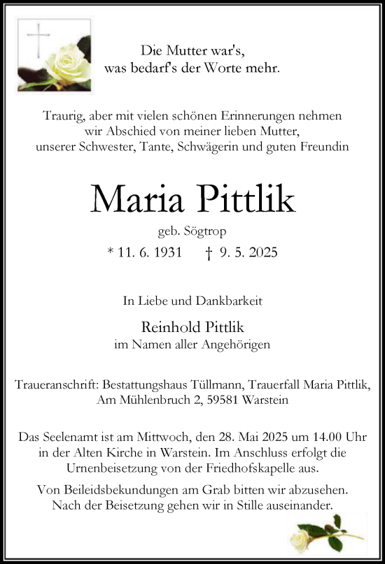 Todesanzeige von Maria Pittlik von WA
