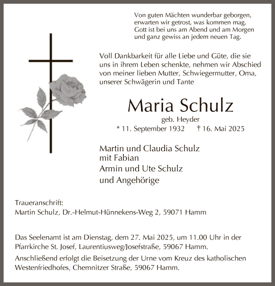 Todesanzeige von Maria Schulz von HAWA
