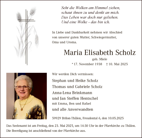 Todesanzeige von Maria Elisabeth Scholz von WA