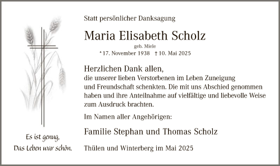 Todesanzeige von Maria Elisabeth Scholz von HASK