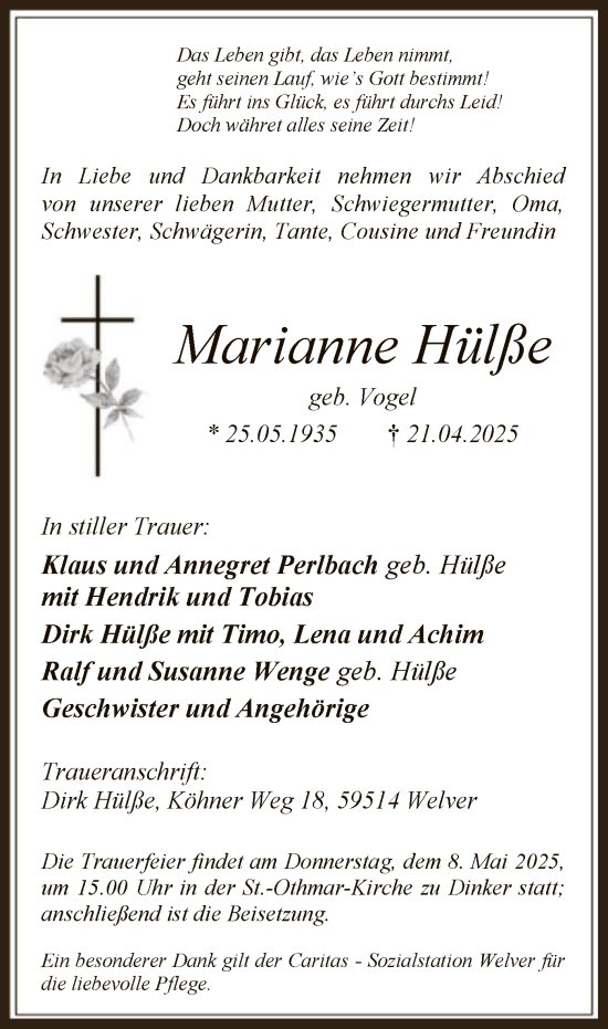 Todesanzeige von Marianne Hülsse von WAWA