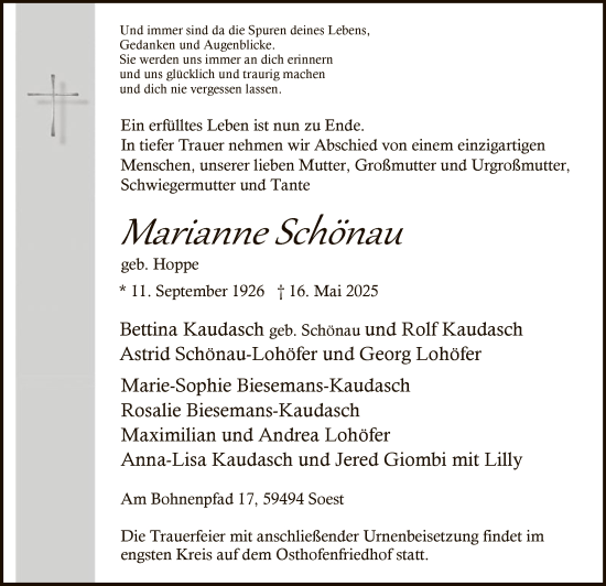 Todesanzeige von Marianne Schönau von HASO