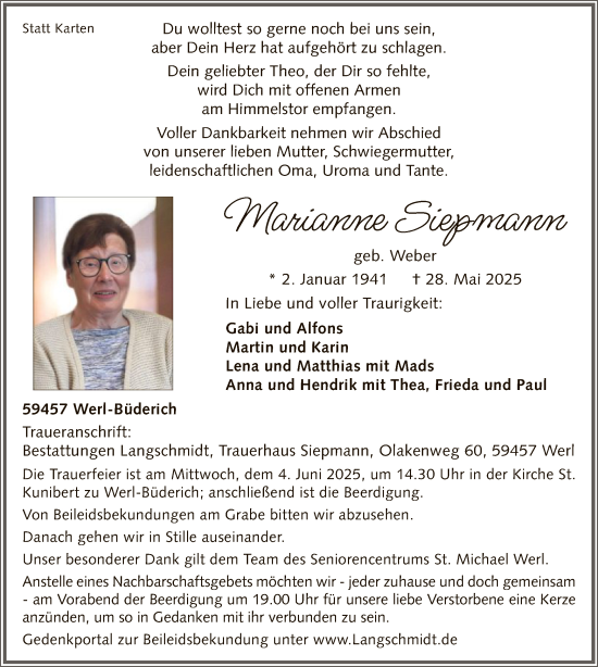 Todesanzeige von Marianne Siepmann von HASO