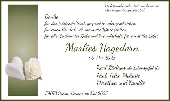 Todesanzeige von Marlies Hagedorn von HAWA