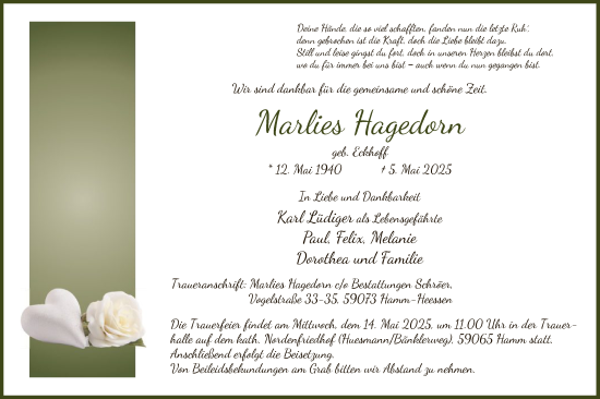 Todesanzeige von Marlies Hagedorn von WA