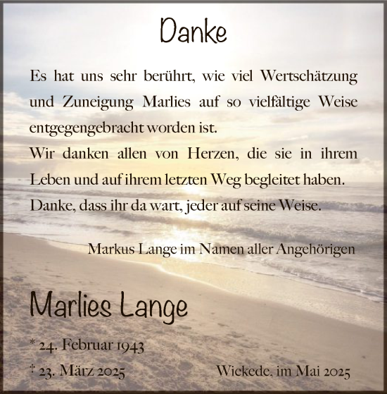 Todesanzeige von Marlies Lange von WA
