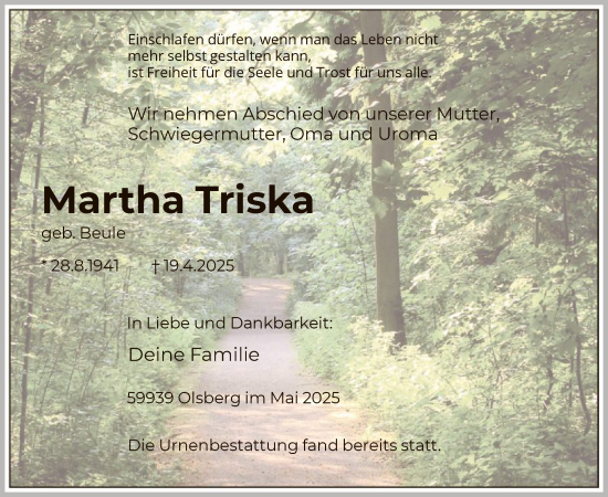 Todesanzeige von Martha Triska von WA