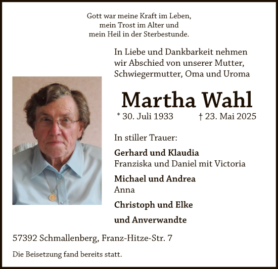 Todesanzeige von Martha Wahl von HASK