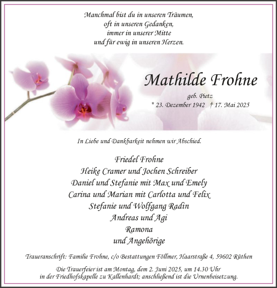 Todesanzeige von Mathilde Frohne von HASO