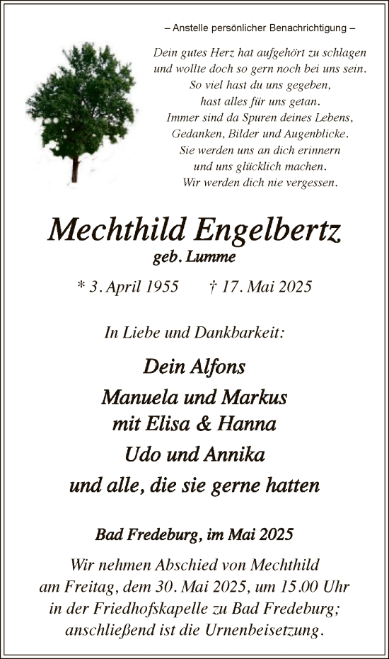 Todesanzeige von Mechthild Engelbertz von HASK